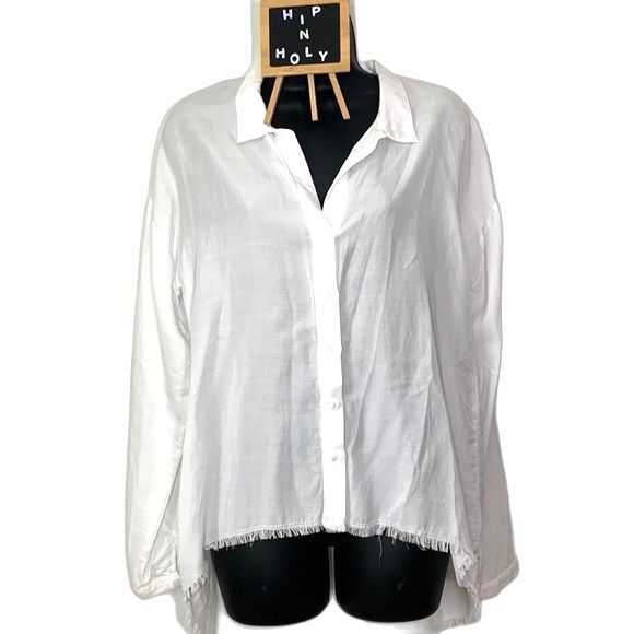 Cloth & Stone Button Down High Low Raw Hem Top White Size Small - Picture 2 of 12